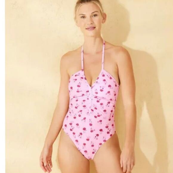 Shade & Shore Pink Floral Swimsuit One-Piece with ruching Large Preloved - Picture 1 of 4